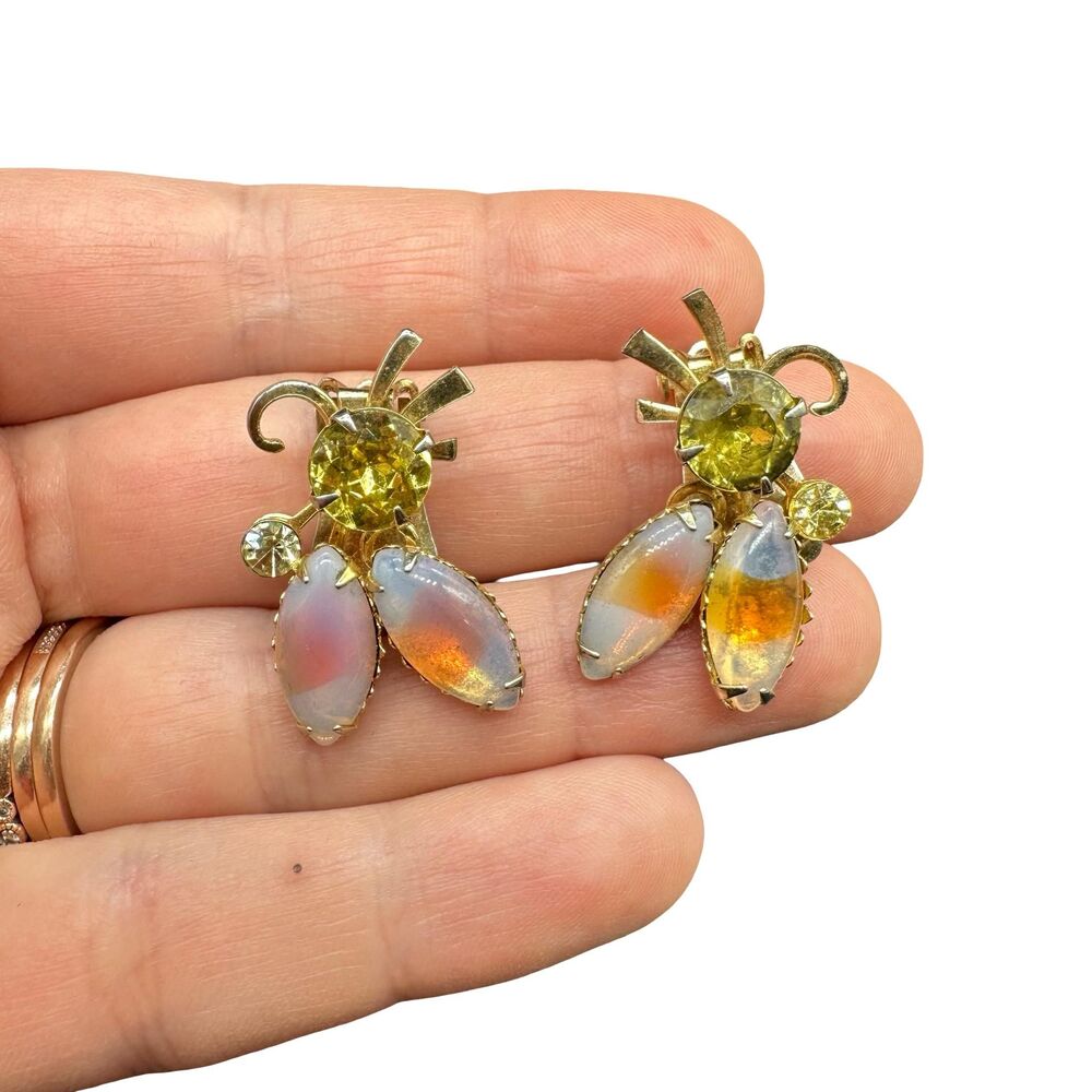 Vintage Yellow Rhinestone Clip On Earrings - Picture 2 of 3